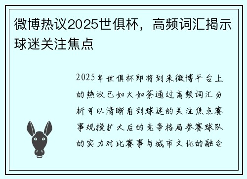 微博热议2025世俱杯，高频词汇揭示球迷关注焦点